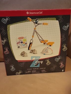 EUC American Girl Yellow & Silver Z Yang Scooter with Helmet, Missing 1 Knee Pad